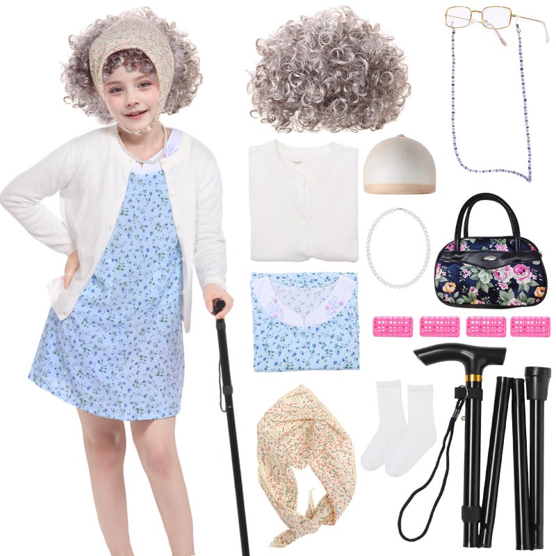 Kicpot Old Lady Costume for Kids Girls 100 Days Of School Costume Grandma Costume Granny Old Lady Dress Up (Blue  5-7Y) - Image 1